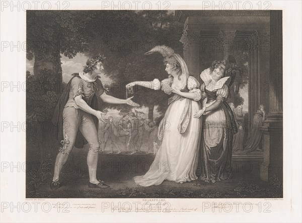 Before the Duke's Palace - Rosalind, Celia, Orlando, the Duke & Attendants (Shakespeare, As You Like It, Act 1, Scene 2), first published 1800; reissued 1852.