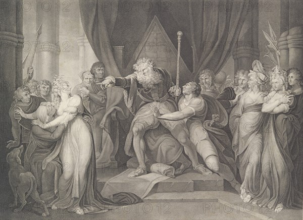 King Lear Casting Out His Daughter Cordelia (Shakespeare, King Lear, Act 1, Scene 1), first published 1792; reissued 1852.