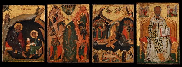 Four Icons from a Pair of Doors (Panels), possibly part of a Polyptych: John the Theologian and Prochoros, the Baptism (Epiphany), Harrowing of Hell (Anastasis), and Saint Nicholas, Byzantine, early 15th century.