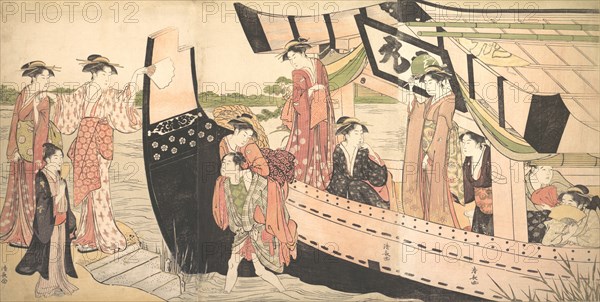 Women Landing from a Pleasure Boat Drawn Up to the Shore at Mukojima on Sumida River, Edo, ca. 1785.