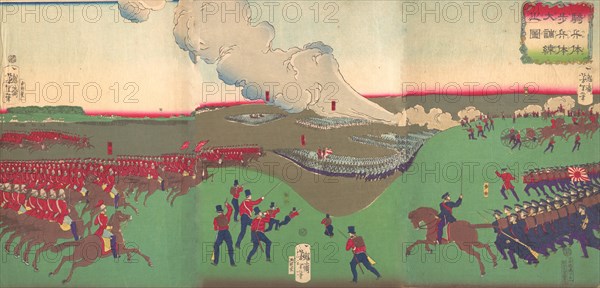 Illustration of Cavalry, Infantry and Soldiers Retreating (Kiheitai, hoheitai, daichoren no zu), 8th month, 1867.