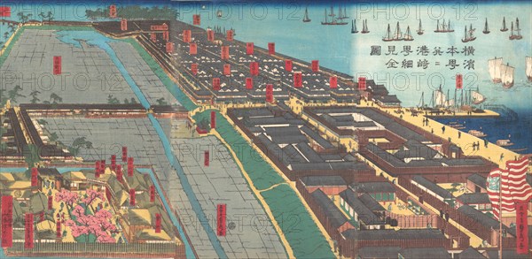 Detailed Print of Yokohama Hon-cho and the Miyozaki Pleasure Quarter, 4th month, 1860.