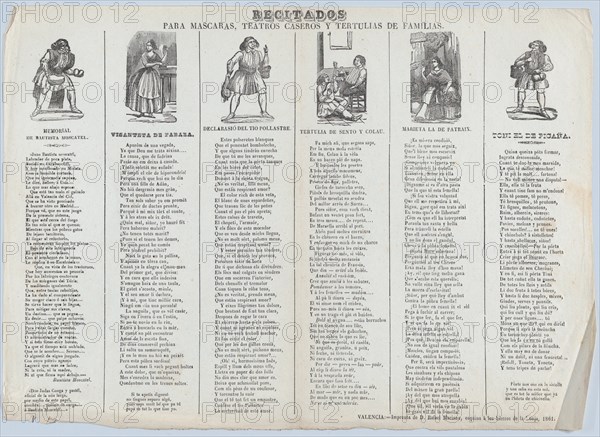 A recital sheet featuring different characters for use at social gatherings, 1861.