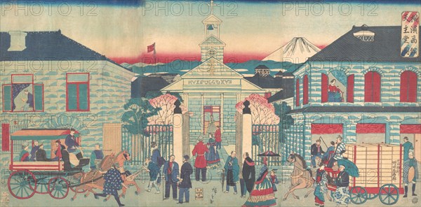 Illustration of Foreign Residences and the Catholic Church in Yokohama (Yokohama shokan tenshudo no zu), 10th month, 1870.