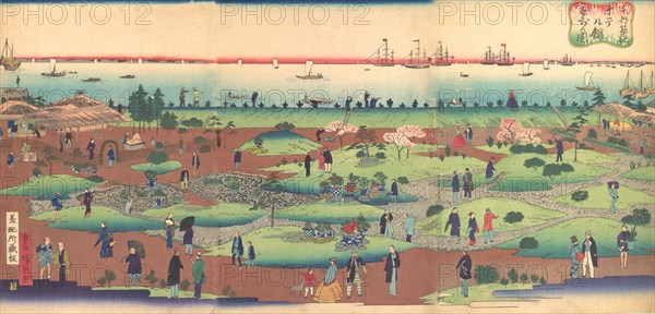 Illustration of the Front Garden of the Tsukiji Hotel in the Eastern Capital (Toto Tsukiji hoteru kan niwa mae no zu), ca. 1868-72.