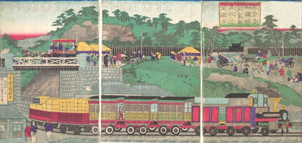 Illustration of a Steam Locomotive Running on the Takanawa Railroad in Tokyo (Tokyo takanawa tetsudo jokisha soko no zu), ca. 1873.
