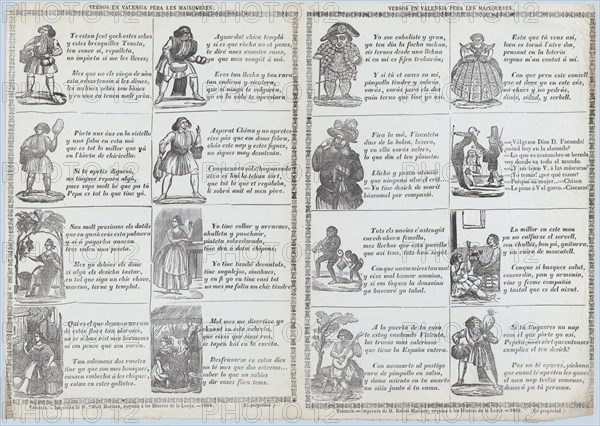Two sheets (printed as one) with verses in Valencian for masquerades, 1861.