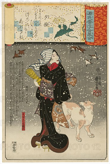 '?Lady of the Evening Faces? (Yugao): Yazama?s Wife Orie (Yazama-shi no shitsu Orie),? from the series Scenes amid Genji Clouds Matched with Ukiyo-e Pictures (Genji-gumo ukiyo e-awase), 1845-46.