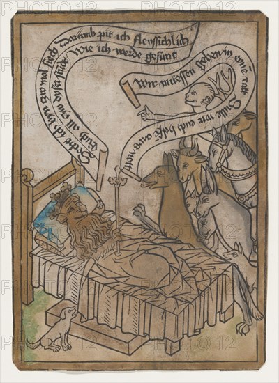 The Sick Lion Summons the Animals to His Bedside, from the Sick Lion blockbook, 2nd edition, ca. 1465.