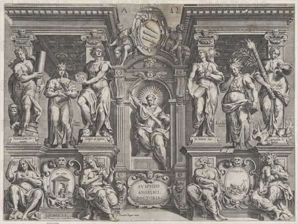Allegorical thesis print with various figures, set in an architectural structure, 1608.