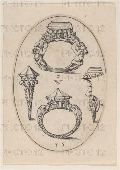Designs for Four Rings, Plate 35 from 'Livre d'Aneaux d'Orfevrerie', 1561.