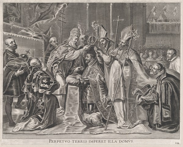 Plate 24: Charles V crowned Emperor by the Pope; from Guillielmus Becanus's 'Serenissimi Principis Ferdinandi, Hispaniarum Infantis...', 1636.
