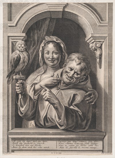 A Fool with an Owl and a Woman at a Window, 17th century.