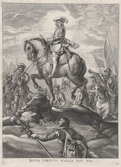 Plate 8: Ferdinand on horseback crossing the Alps; from Guillielmus Becanus's 'Serenissimi Principis Ferdinandi, Hispaniarum Infantis...', 1636.