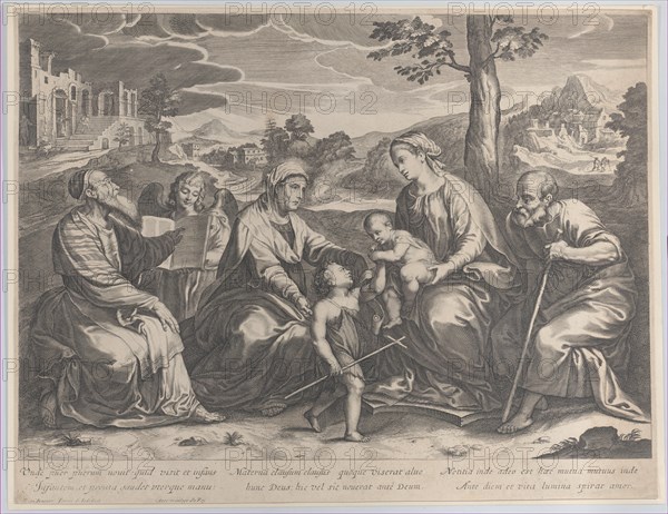 The Holy Family at right, with the infant Saint John the Baptist, Elizabeth, Zacharias, and an angel at left, 1631-37.