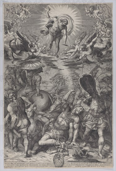 The conversion of Saul, who lies on the ground surrounded by horses and soldiers as Christ appears above him, 1583.