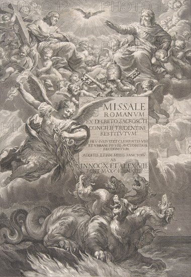 The holy trinity with Saint Michael vanquishing a six-headed dragon, frontispiece to 'Missale Romanum ex decreto sacrosancti Concilii tridentini restitutum', ca. 1662.