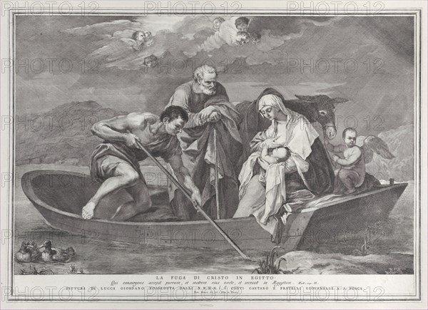 The flight into Egypt, with the Holy Family in a boat, 1730-50.