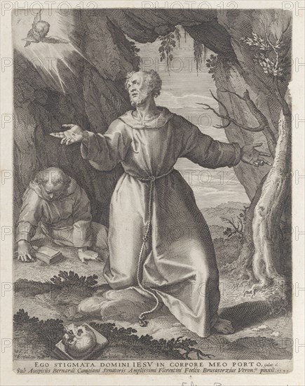 Saint Francis kneeling with his arms outstretched, looking towards a cherub at upper left, 1599.