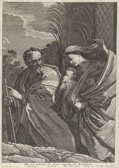 The Flight into Egypt; the Virgin carrying the infant Christ, Joseph pointing to the left, trees behind them, after Reni, ca. 1635-57.