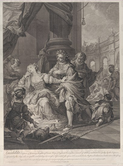 Gunhilda accused of adultery, 1760. [Gunhilda, Empress of Germany, daughter of Canute King of England, having been accused of adultery and treated as guilty by the Emperor, is defended by her Page, who in a public combat slays her accuser. After which she refuses to be reconciled to her Husband, & determines to retire into a Monastery].