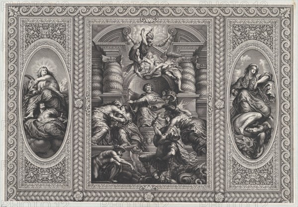 James I appointing Charles as King of Scotland at center, Minerva spearing Ignorance at right, and Hercules beating Envy at left, 1720.