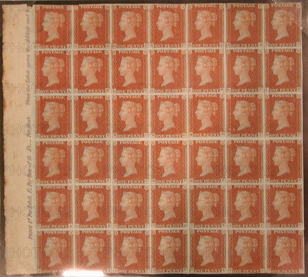 Unused block of forty-two "Penny Red-Brown" postage stamps of Queen Victoria, issued February 10, 1841.