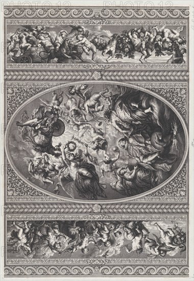 The apotheosis of James I in an oval at center, friezes with putti and garlands on either side, 1720.