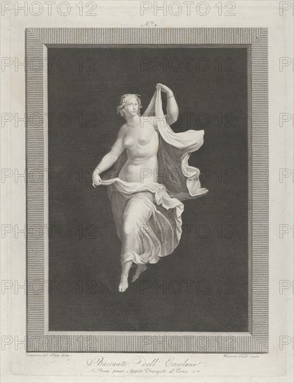 A partly nude bacchante stepping forward and holding ends of her drapery in each hand, ca. 1795-1820.