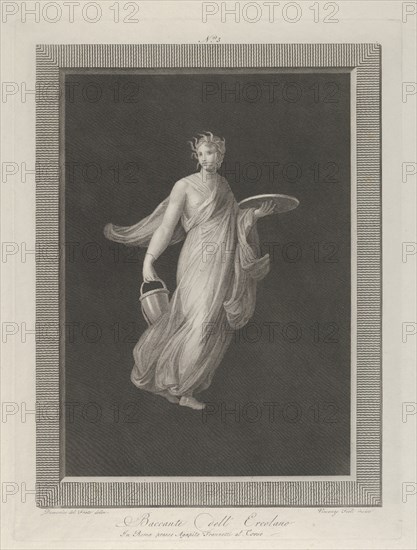 A partly naked bacchante holding a disk in her raised left hand and a bucket in her right, ca. 1795-1820.