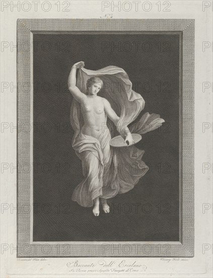A partly nude bacchante holding a disk in her left hand and raising her garments with right, ca. 1795-1820.