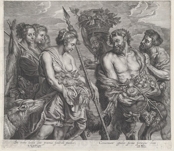 Diana returning from the chase, accompanied by dogs and her nymphs at left, two satyrs at right, ca. 1640-59.