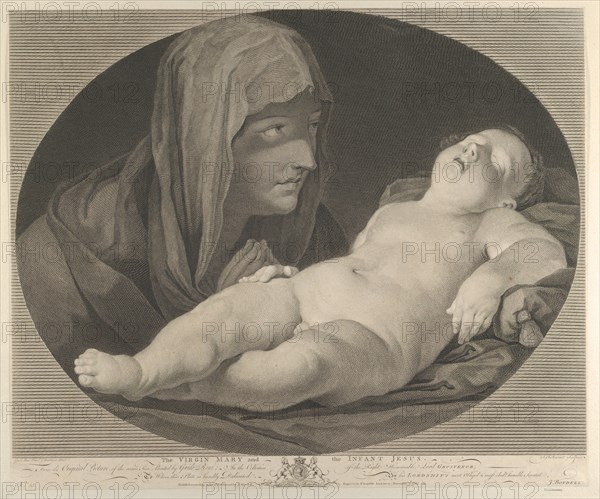 The Virgin in prayer, looking at the sleeping infant Christ, in an oval frame, after Reni, 1765.
