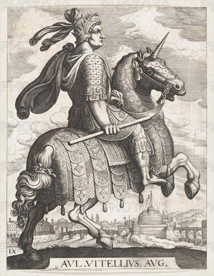 Plate 9: Emperor Vitellius on Horseback, from 'The First Twelve Roman Caesars' after Tempesta, 1610-50.