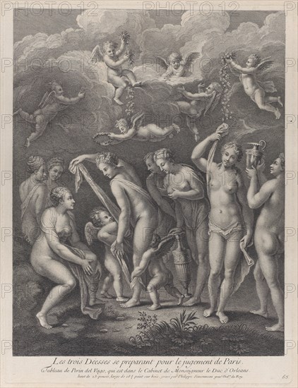 Hera, Aphrodite, and Athena preparing themselves for the contest of beauty before Paris; from 'Recueil d'estampes d'après les plus beaux tableaux et d'après les plus beaux desseins qui sont en France, Cabinet Crozat' after Perino del Vaga, ca. 1729-40.