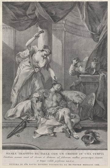 Jael hammering a tent peg into the temple of the sleeping Sisera, to the right a servant hides behind a curtain; from the series of 112 prints of the sacred history, after the painting by Giovanni Battista Pittoni, ca. 1730-39.
