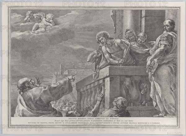 Christ on a balcony surrounded by guards, Pilate stands to the right gesturing toward him; from the series of 112 prints of the sacred history, after the painting by Mattia Preti, ca. 1730-39.