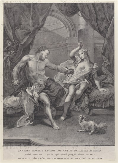 Samson and Delilah seated on a bed, Samson tearing apart the ropes binding his hands as soldiers look on from behind a curtain; from the series of 112 prints of the sacred history, after the painting by Giovanni Battista Pittoni, ca. 1730-39.