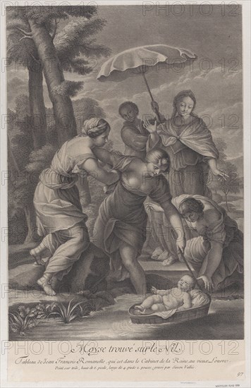 Three women pulling in the basket with the infant Moses from the water, ca. 1729.