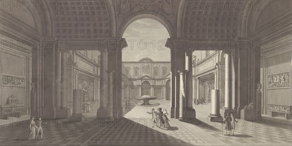 View of the courtyard of the Museo Pio-Clementino, from 'Veduta generale in prospettiva del cortile nel Museo Pio-Clementino', ca. 1790-1827.