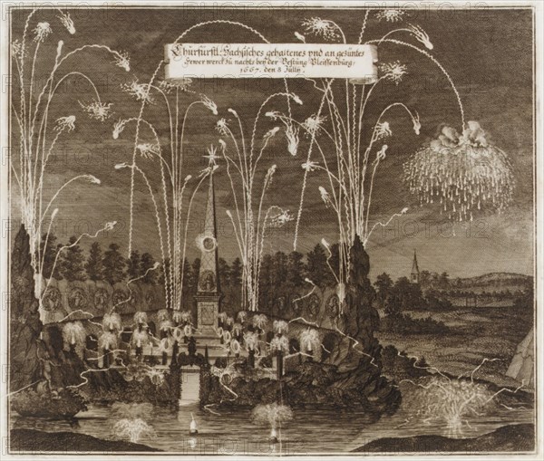 Celebration for the Elector Johann Georg II, Leipzig, July 8, 1667: Fireworks Display by Night, ca. 1667.