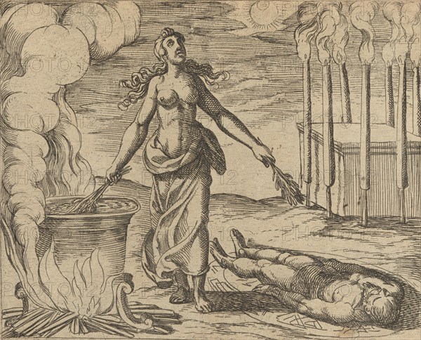 Medea Restoring Aeson's Youth (Aesoni decerptio iuventam restituit Medea), from The Metamorphoses of Ovid (Metamorphosean Sive Transformationum), plate 64, Published after 1606.