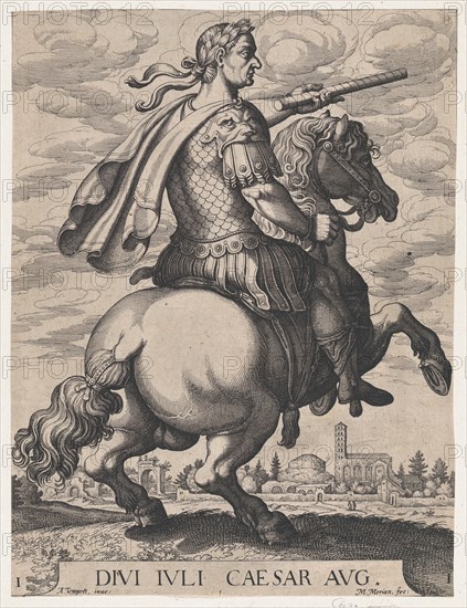 Plate 1: Emperor Julius Caesar on Horseback, from ' The First Twelve Roman Caesars', after Tempesta, 1610-50.