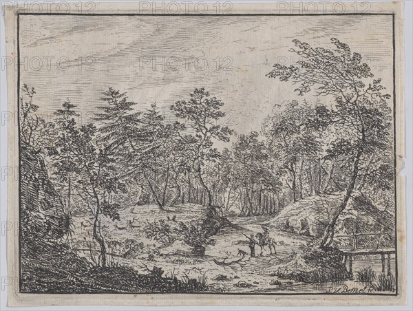 Forest landscape with a rider conversing with a man at center, a footbridge at right, 1716.