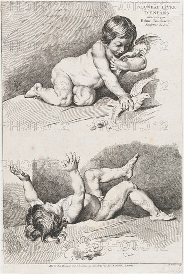 Two nude children playing with a leaf; from New Book of Children, 1720-60.