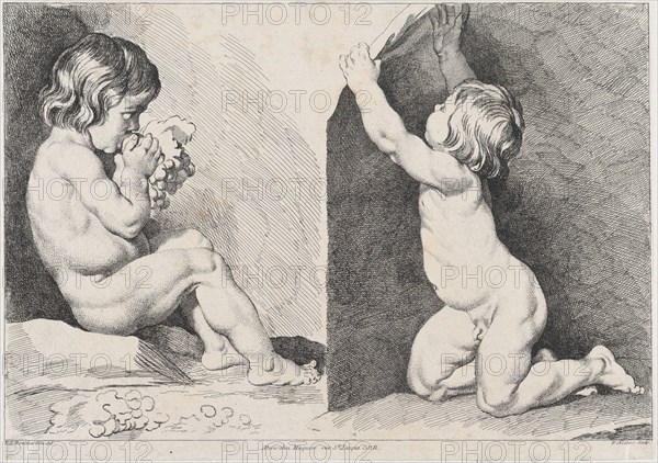 Two nude children eating grapes; from New Book of Children, 1720-60.