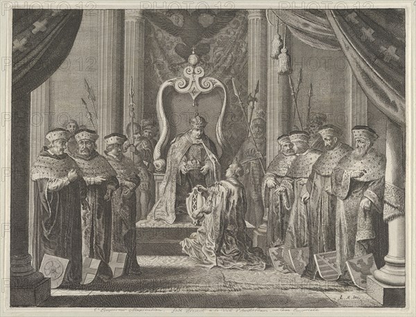 Plate 8: Emperor Maximilian II granting a crown to the coat of arms of Amsterdam, from Caspar Barlaeus, "Medicea Hospes", 1638.