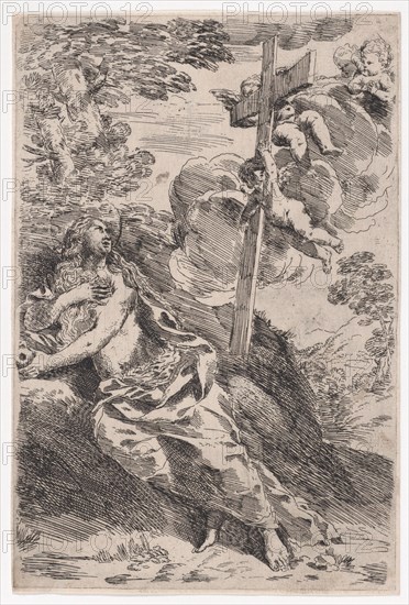Mary Magdalene in the desert, a cross borne by angels at the right, ca. 1630.