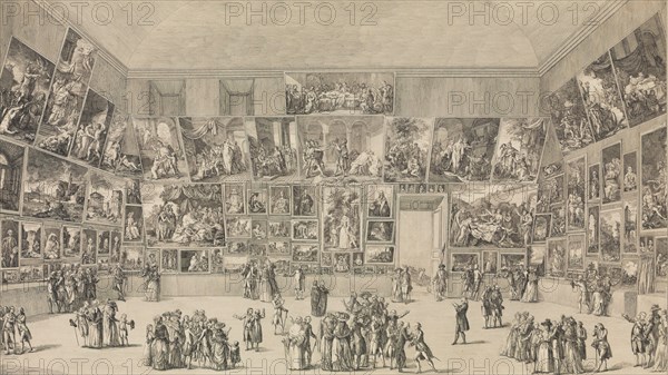 View of the Salon of 1785, 1785. [Coup d'oeil exact de l'arrangement des Peintures au Salon du Louvre, en 1785].