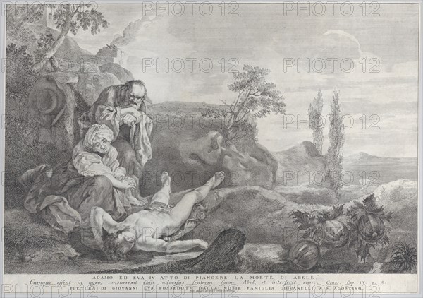 Adam and Eve at left, as an elderly couple, mourning over the corpse of Abel who lies in front of them as Cain disappears in the distance at right, 1743-63.